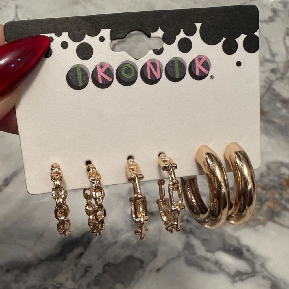 IKONOK Set of 3 Gold Hoop Earrings NEW